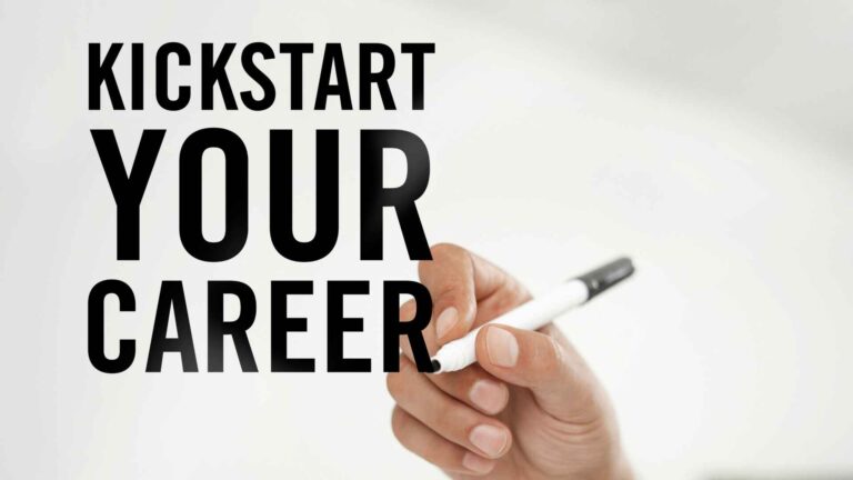 Hand writing “Kickstart Your Career” on a whiteboard — visual for business name ideas and branding.