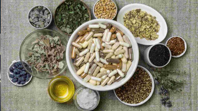 Adrenal health supplement capsules with natural herbs and adaptogens for energy and stress support.
