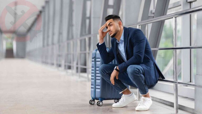 Frustrated passenger sitting with luggage after Delta Airlines cancels flights at airport terminal.