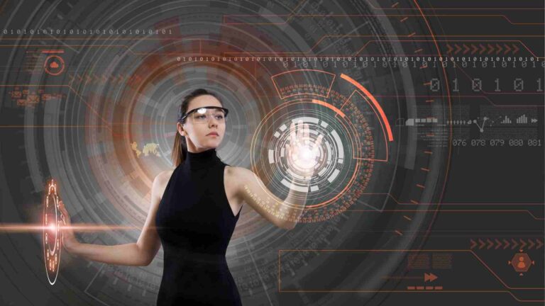 Woman interacting with a futuristic digital interface representing future technology devices, international innovations