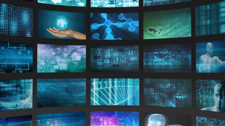 A digital collage representing multimedia technology with screens showing AI, data, 3D models, virtual reality, and human-machine interfaces.