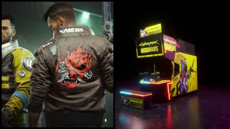 Cyberpunk 2077 Turf Wars arcade game showcasing Night City players and neon-lit arcade machine setup.