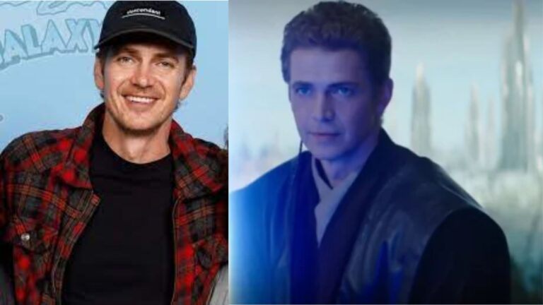 Hayden Christensen smiling in casual attire and as Anakin Skywalker in Star Wars, representing his movies and TV shows career.
