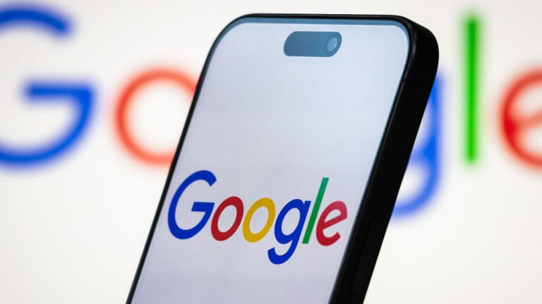 Google logo on smartphone screen representing the Google Android cellular data lawsuit controversy.