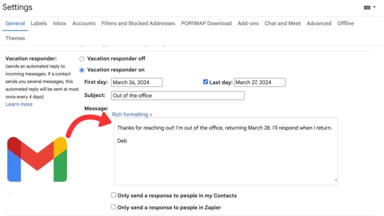 Screenshot showing how to add out of office in Gmail using the vacation responder settings