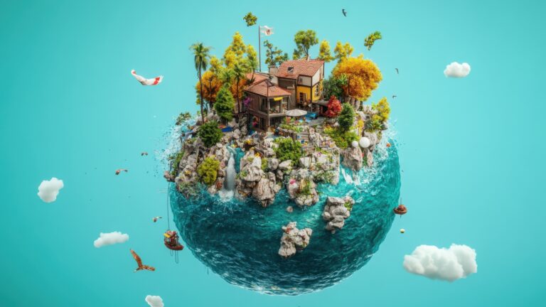 A stunning floating island resort representing Azores travel packages surrounded by blue ocean and lush greenery.