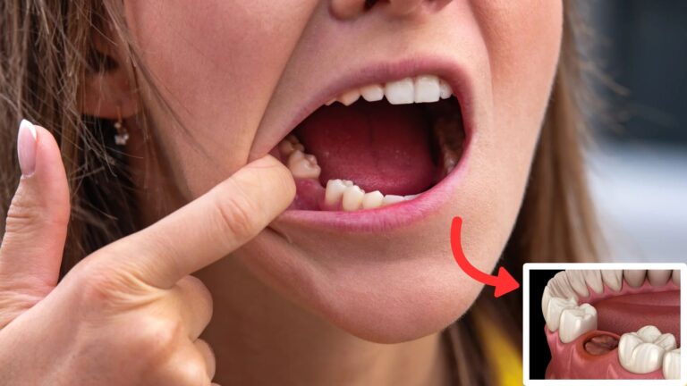 what does a dry socket look like: Close-up of a person showing an empty tooth socket with illustration of dry socket condition after wisdom tooth removal