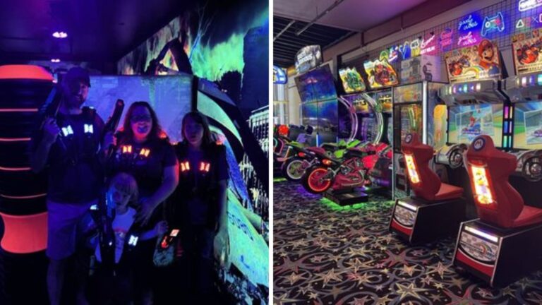 Family playing laser tag and kids enjoying arcade games at Funland Entertainment Center