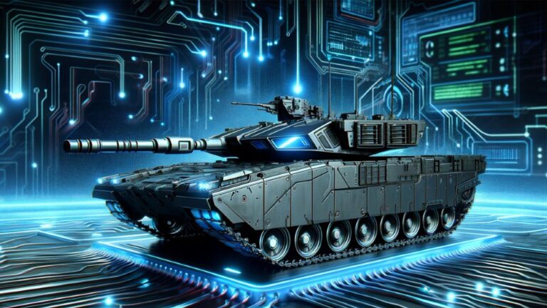 Cyber Tanks Explained Next Level Defense Technology Advanced cyber tank with AI defense systems and futuristic digital technology background
