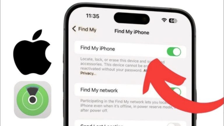 iPhone screen showing how to turn off Find My iPhone feature in settings with red arrow highlighting the toggle