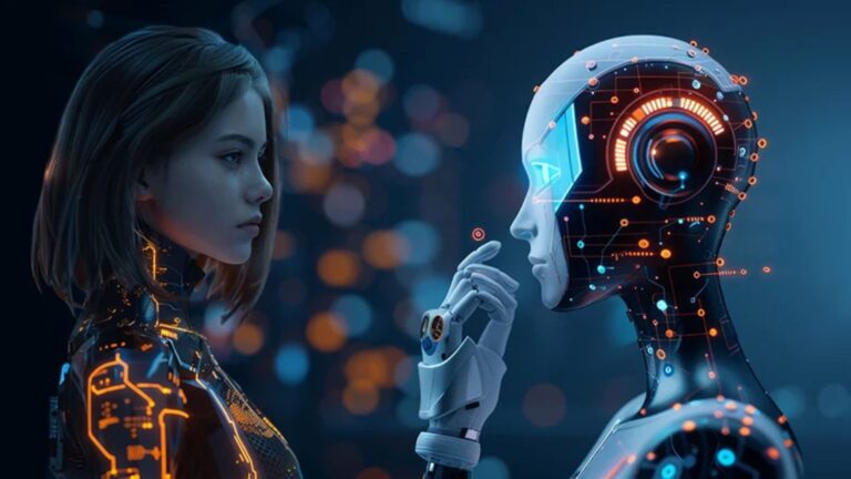 Old Character Ai Is Back And Smarter Than Ever Before A futuristic digital scene showing a human interacting with an advanced AI robot, symbolizing the revival of old character AI and next-gen human-AI connection.