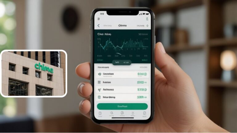 Chime Premium Tier banking features shown on smartphone app with Chime bank building in background.